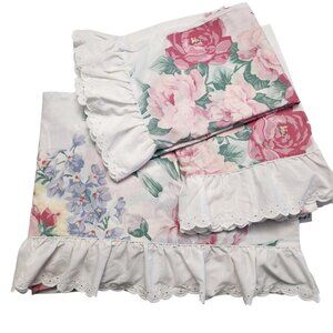 Vintage Lady Pepperell Full Flat Sheet Pillowcase Set of 3 Eyelet Ruffle Floral